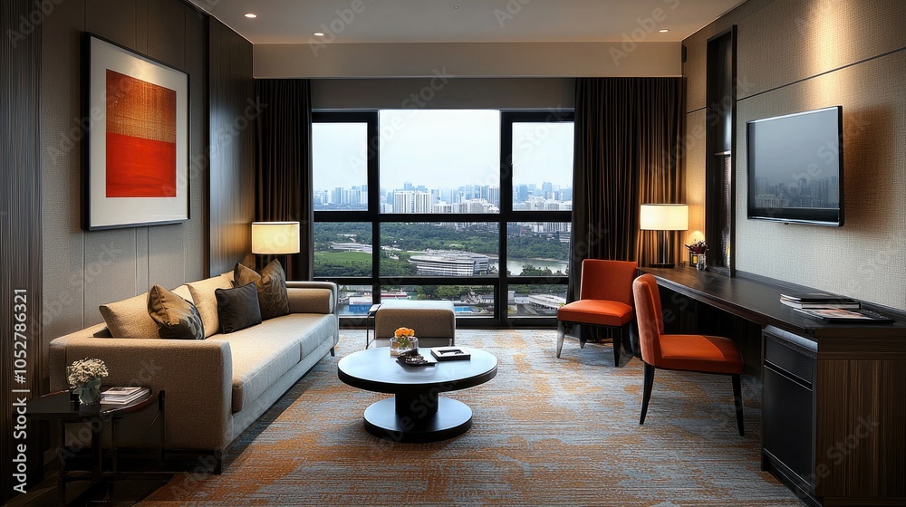 Modern hotel suite with city view, sofa, coffee table, desk, and chairs. Modern hotel suite with city view, sofa, coffee table, desk, and chairs.