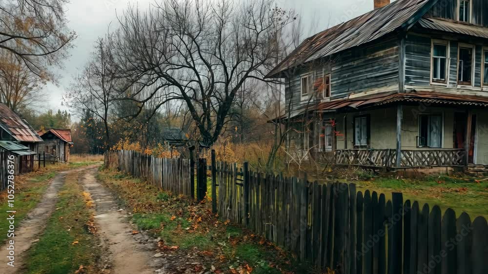 A weathered wooden house stands beside a dirt road in a rural village on a cloudy day