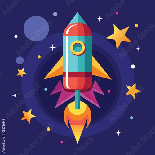 Colorful rocket blasting off into space.