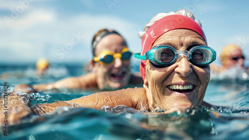 Happy elderly woman swimming in the ocean with a joyful smile photo