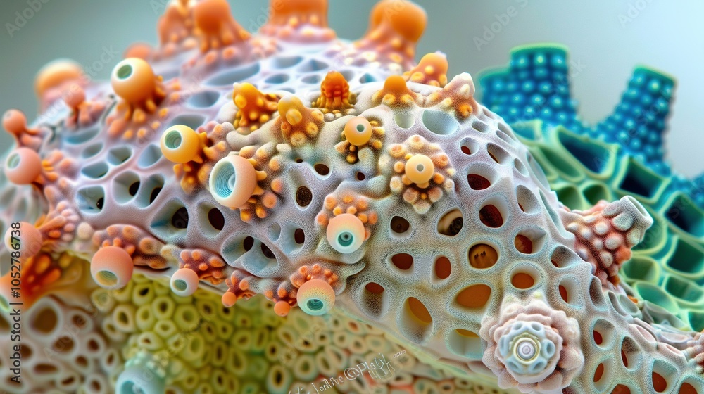 Fototapeta premium Abstract colorful 3D organic structure with a porous, layered, and textured surface.