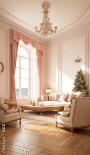 a living room with a couch, chair, and a christmas tree