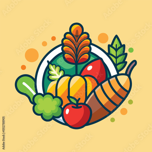 Colorful autumn harvest illustration with an apple, pumpkin, and fall leaves.