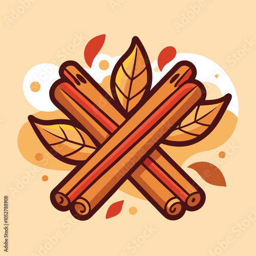 Two cinnamon sticks with leaves on a tan background.