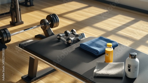 A weight bench with dumbbells, a towel, a water bottle, and a cleaning spray in a home gym.