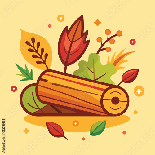 Autumn log with leaves and berries
