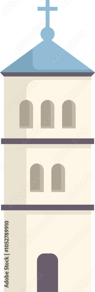 Simple flat vector illustration of a medieval church tower with a blue roof and a cross on top, isolated on white background Simple flat vector illustration of a medieval church tower with a blue roof and a cross on top, isolated on white background