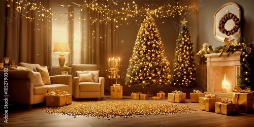 Christmas living room interior with Christmas tree, fireplace and gifts. 3D rendering.