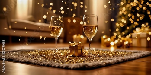 Two glasses of champagne and a gift box on the background of the Christmas tree