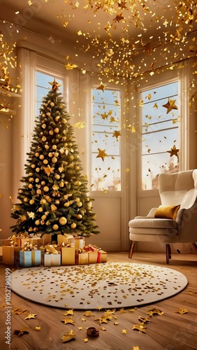 Christmas tree with gifts and confetti in the living room. 3d rendering