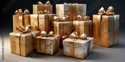 Gift boxes with gold ribbons on a dark background. 3d rendering