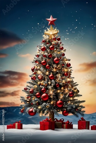 Christmas tree with red decorations and gift boxes on snowy landscape background.