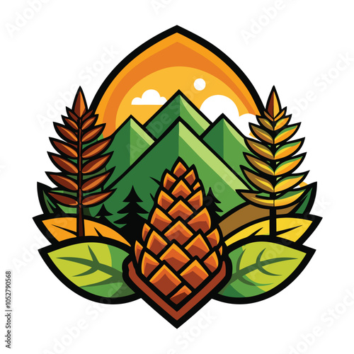 A stylized illustration of a pine cone, trees and mountain range.