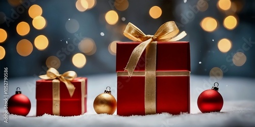 Red gift box with golden ribbon on snow with bokeh background