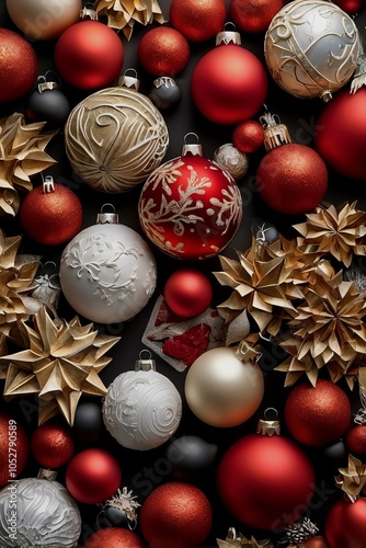 Christmas background with red and white baubles and stars on black background