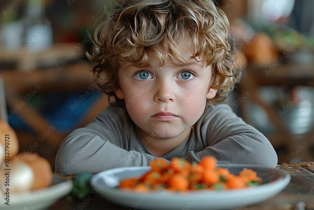 A contemplative child gazes at a plate of carrots, surrounded by a rustic setting. A contemplative child gazes at a plate of carrots, surrounded by a rustic setting.