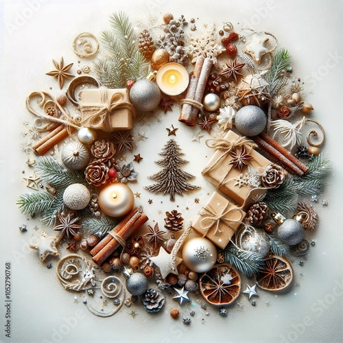 Christmas wreath on white background. Top view, flat lay.