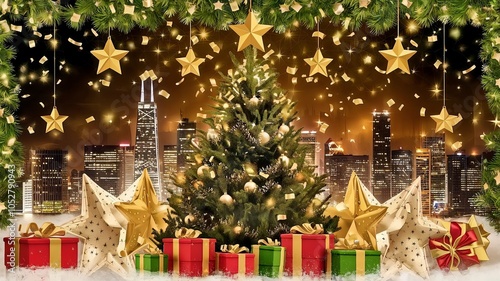 Christmas and New Year background with Christmas tree, stars, gift boxes and decorations.