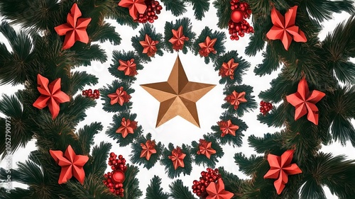 Christmas background with fir branches, holly berry and star on white background