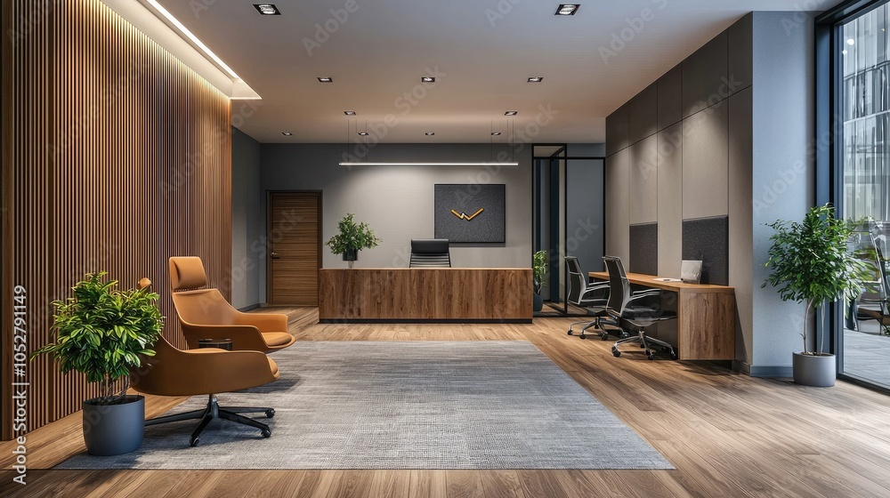 Fototapeta premium Modern office lobby with reception desk, comfortable chairs, and wooden floors.