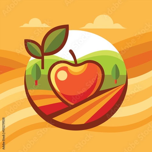 A red apple in a circular frame with a green field, hills, and clouds.
