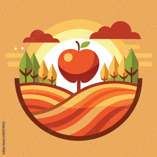 A stylized illustration of a red apple tree in a rolling field.