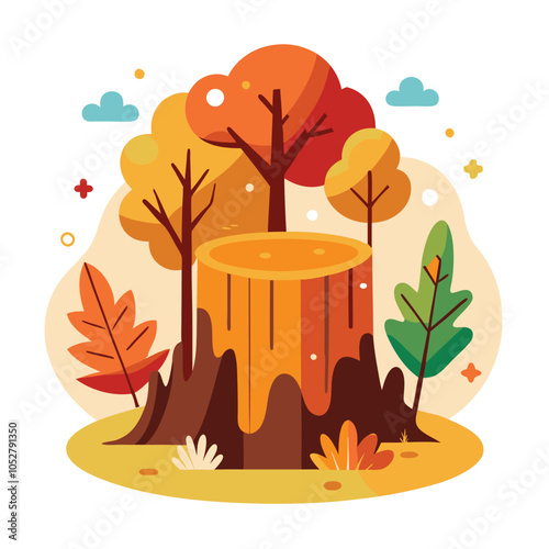 Autumnal tree stump with fall foliage