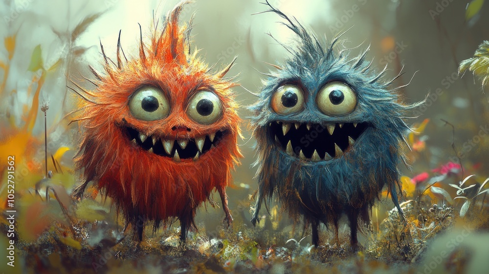 Fototapeta premium Two whimsical, furry creatures with big eyes in a forest setting.