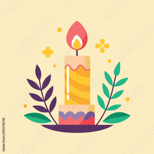 A single candle with a yellow and red flame surrounded by green and purple floral elements.