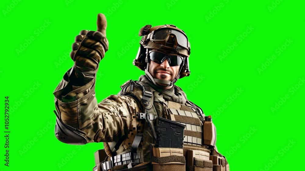 Military soldier giving a thumbs up against a vibrant green background during a training exercise in the field. Green screen 4K animation. Military soldier giving a thumbs up against a vibrant green background during a training exercise in the field. Green screen 4K animation.