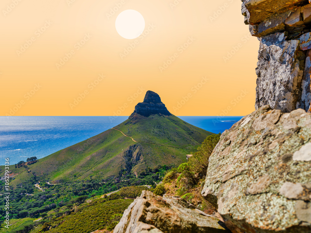 View of Lion's Head Mountain from Kloof Corner peak, Table Mountain. Rugged stones
