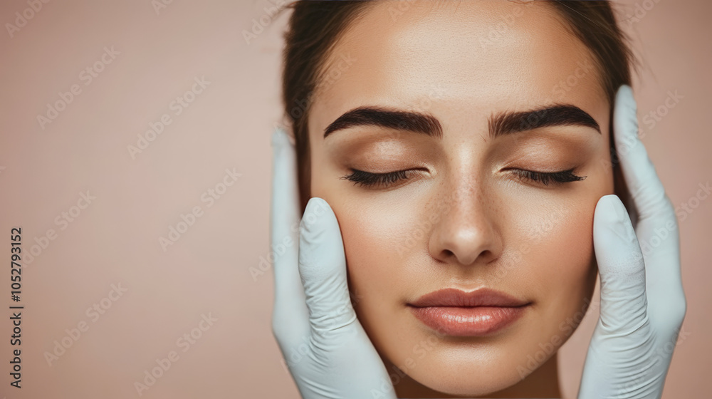 A serene woman with glowing skin and freckles receives a gentle skincare treatment, with gloved hands framing her face against a soft background.
A serene woman with glowing skin and freckles receives a gentle skincare treatment, with gloved hands framing her face against a soft background.