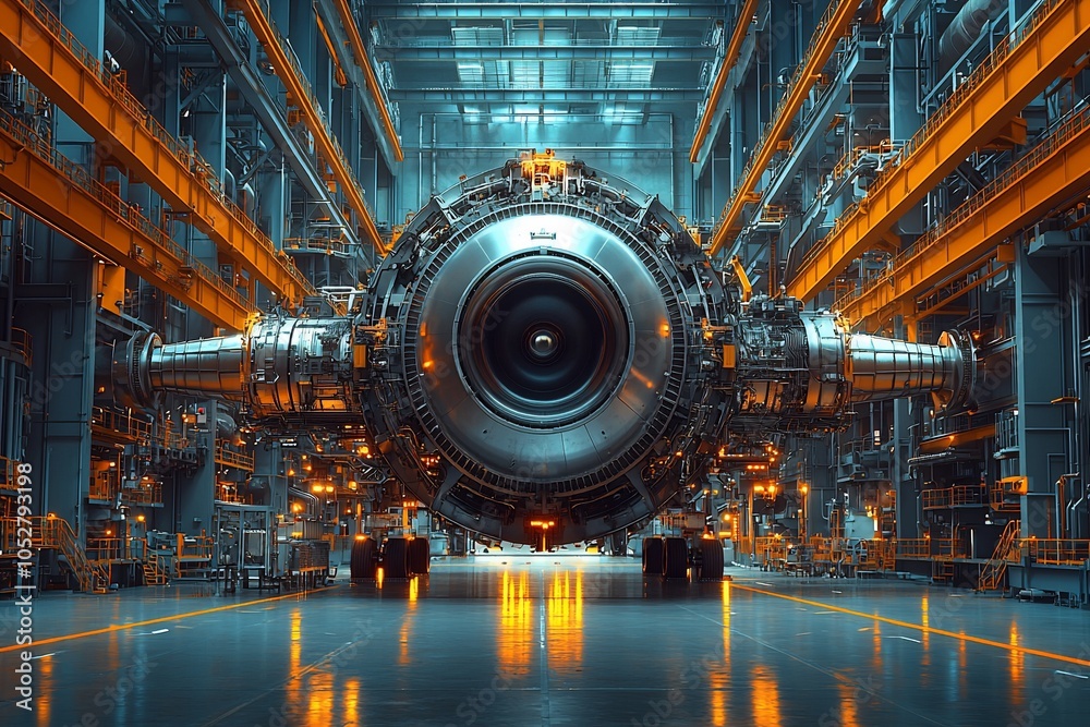 A large jet engine in an industrial setting, illuminated with orange light. A large jet engine in an industrial setting, illuminated with orange light.