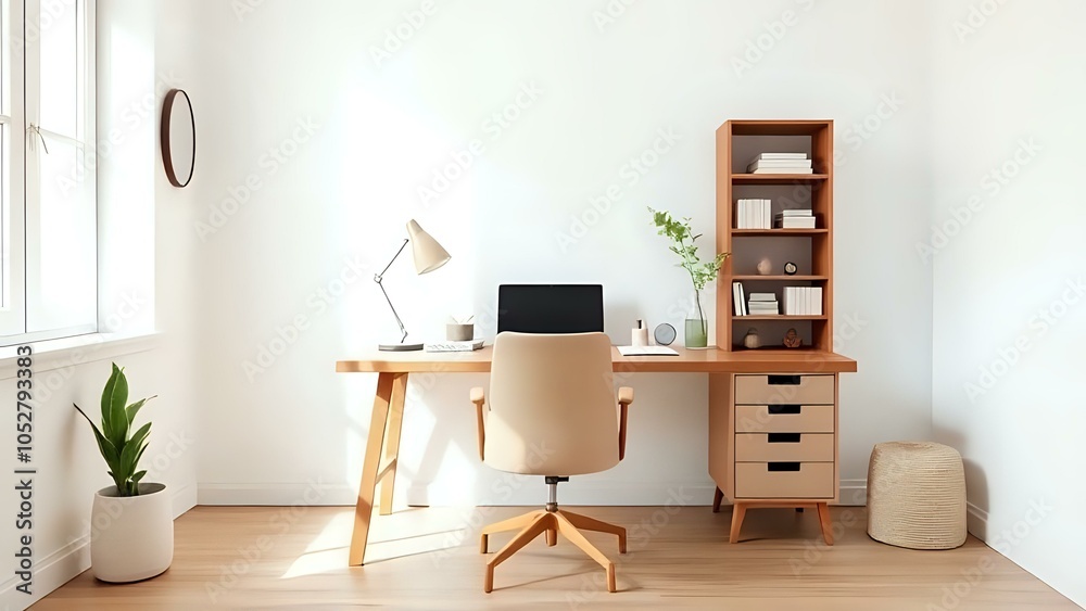 Fototapeta premium Neutral Minimalist Workspace with Wooden Desk