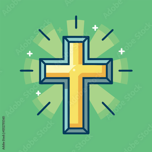 A golden cross with a blue outline shines brightly against a green background.