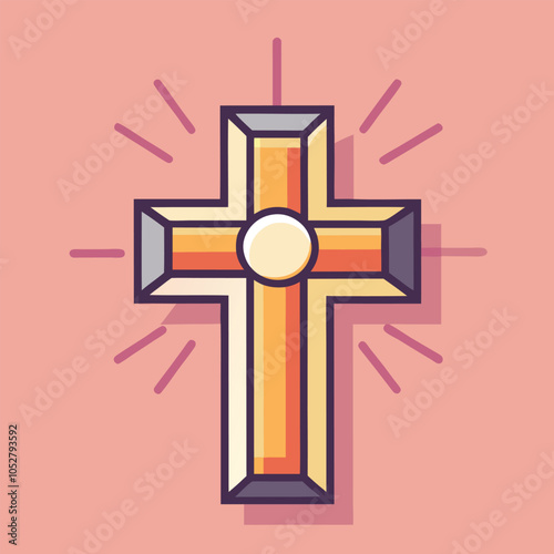 A colorful cross with light rays emanating from it against a pink background.