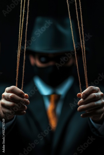 Mysterious figure in a suit controlling marionettes in a dark environment. photo