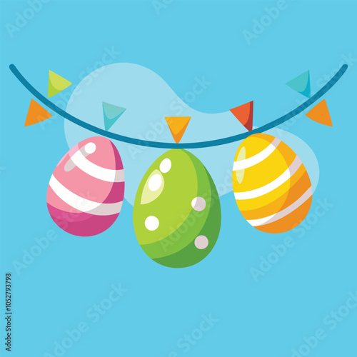 Colorful Easter eggs hanging on a string with flags.