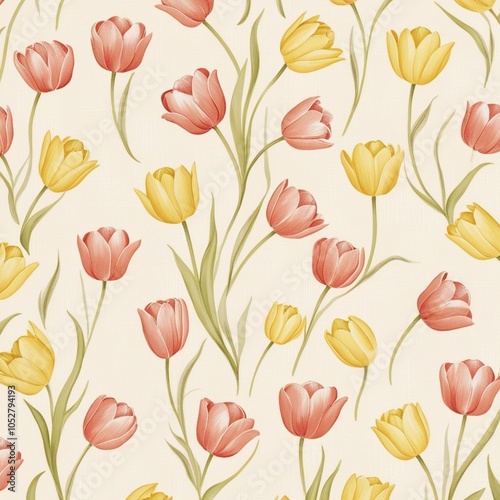 "A pattern of illustrated tulips in soft coral and yellow on a cream background, creating a fresh, spring-inspired look."