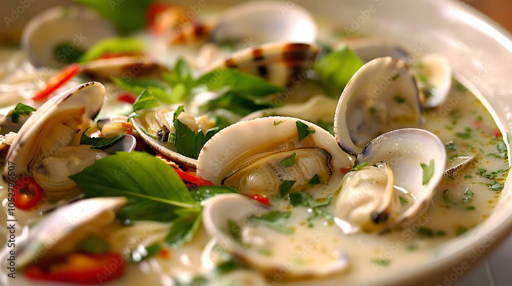 a bowl of creamy soup filled with various ingredients, including clams, chopped vegetables, and garnished with fresh herbs a bowl of creamy soup filled with various ingredients, including clams, chopped vegetables, and garnished with fresh herbs