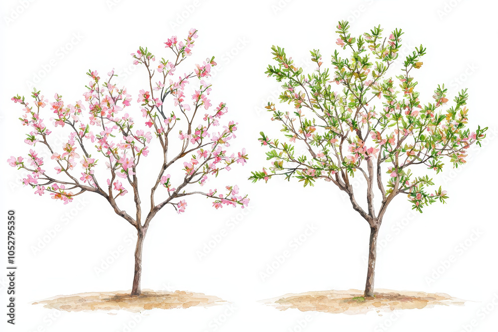 Obraz premium Two stylized trees, one blossoming with pink flowers and the other lush with green leaves, illustrating the beauty of seasonal change.