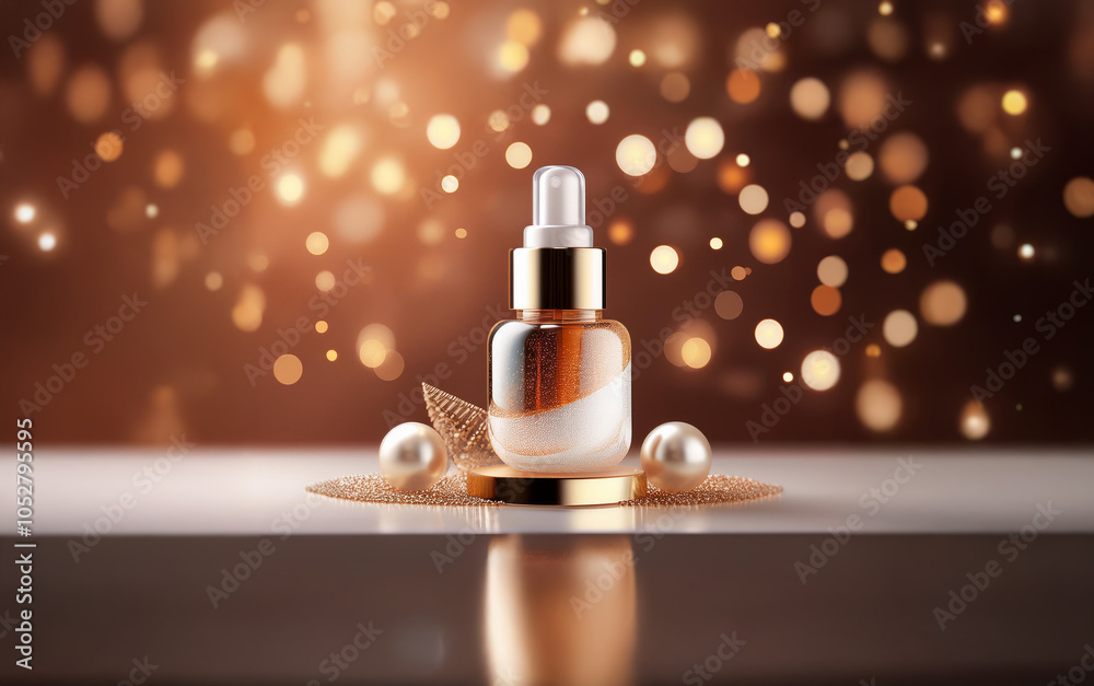 A glass bottle with a gold cap and a dropper sits on a gold-colored platform with two pearls and a gold-colored leaf. A blurred background with gold bokeh lights is behind the bottle. A glass bottle with a gold cap and a dropper sits on a gold-colored platform with two pearls and a gold-colored leaf. A blurred background with gold bokeh lights is behind the bottle.