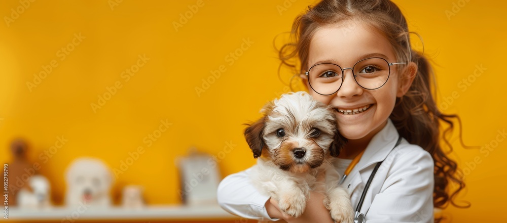 happy little girl doctor holding puppy on yellow background with space for text happy little girl doctor holding puppy on yellow background with space for text