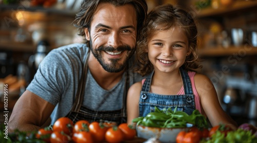 father and daughter cooking together at home happy bonding time preparing food in kitchen with vegetables and wooden board learning and teaching vacation family dinner