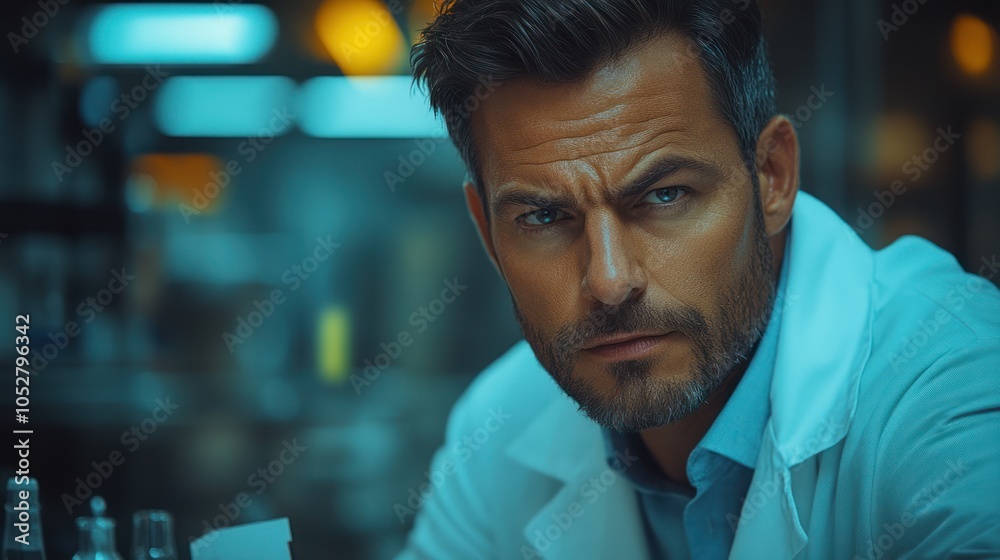 Fototapeta premium Close-up Portrait of a Serious Man in a Lab Coat
