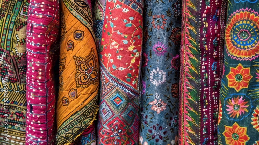 A collection of vibrant patterned textiles in rich colors, showcasing cultural artistry, with intricate designs reflecting diverse heritage and creative expression. A collection of vibrant patterned textiles in rich colors, showcasing cultural artistry, with intricate designs reflecting diverse heritage and creative expression.