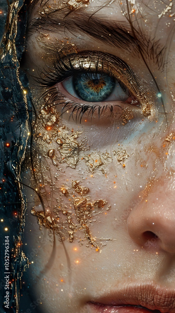 Close-Up Portrait of a Woman's Eye with Golden Glitter Makeup Close-Up Portrait of a Woman's Eye with Golden Glitter Makeup