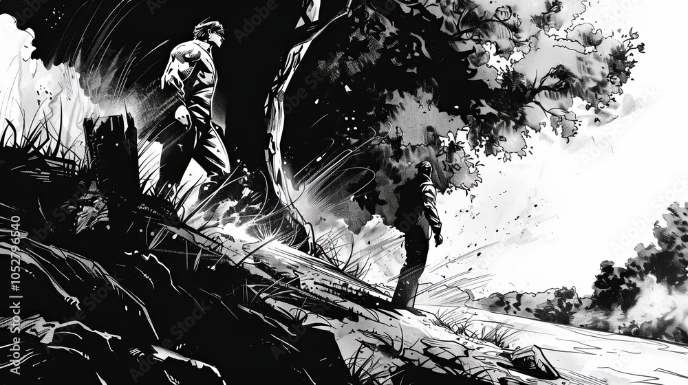 Dynamic Black And White Graphic Novel Style Illustration Depicting Two 