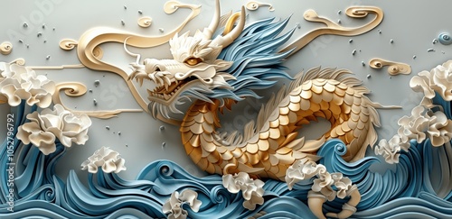 Chinese Dragon Happy New Year 2024 Zodiac Sign Blue Gold Dragon Papercut Design