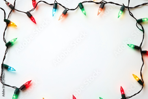 Colorful Christmas lights shining on a white background. photo